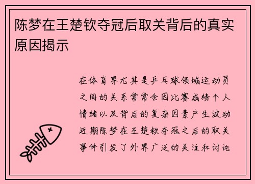 陈梦在王楚钦夺冠后取关背后的真实原因揭示