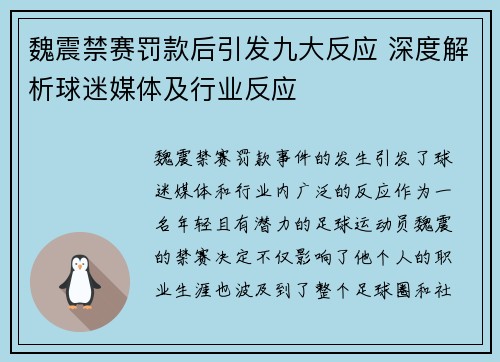 魏震禁赛罚款后引发九大反应 深度解析球迷媒体及行业反应